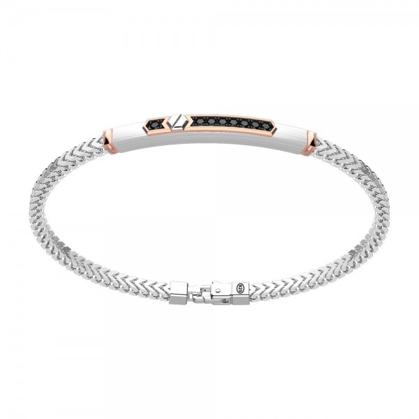Silver bracelet with rose gold insert and stones.