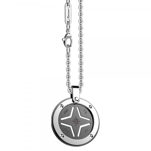Stainless steel necklace with black round medal.