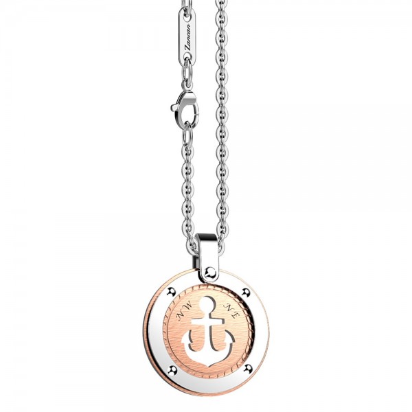 Stainless steel necklace with  anchor on the rose round medal.