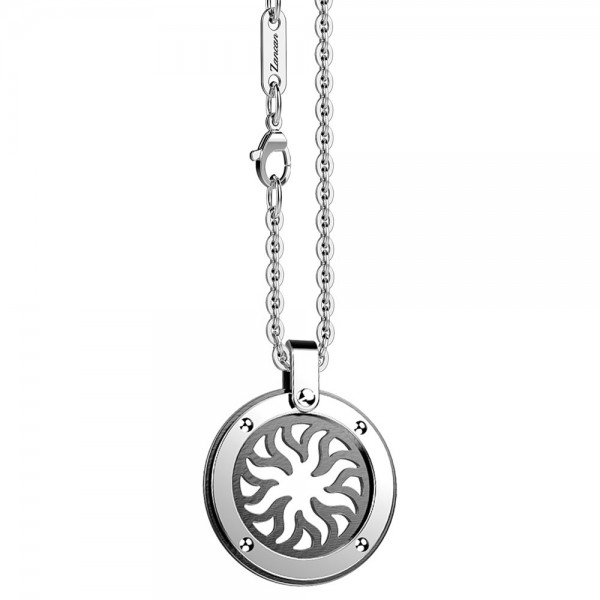 Stainless steel necklace with sun on the round medal.