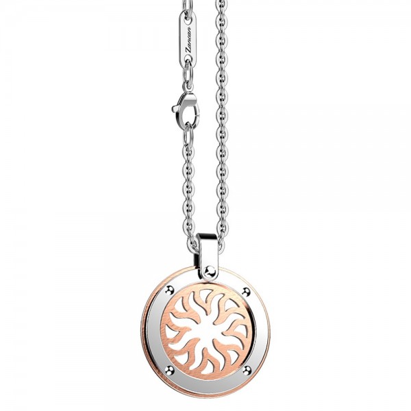 Stainless steel necklace with sun on the round rose medal.
