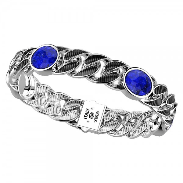 925 Silver Wide Chain Bracelet with Lapis stone.