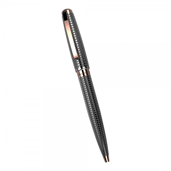 Ball point metal brass pen. Embossed texture. Black and rose gold PVD treatment.