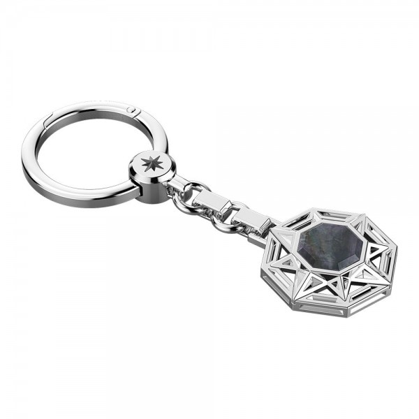 Silver and steel key ring with black mother of pearl stone