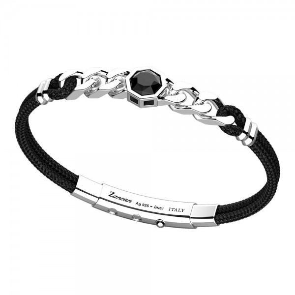 Bracelet in silver and black kevlar with groumette and hexagonal onyx stone.