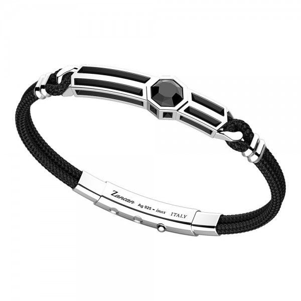 Men's bracelet in silver and black kevlar with in the middle texture and hexagonal onyx stone.