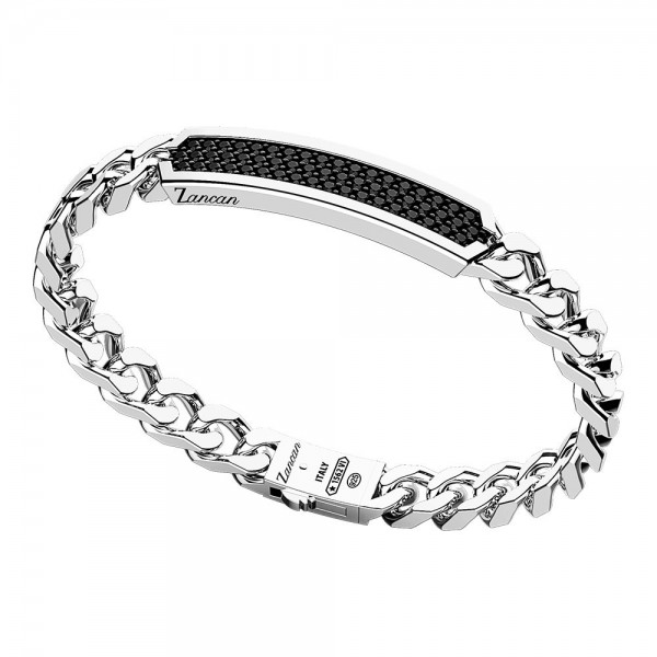 Silver bracelet groumette with plate in the middle and black spinels.