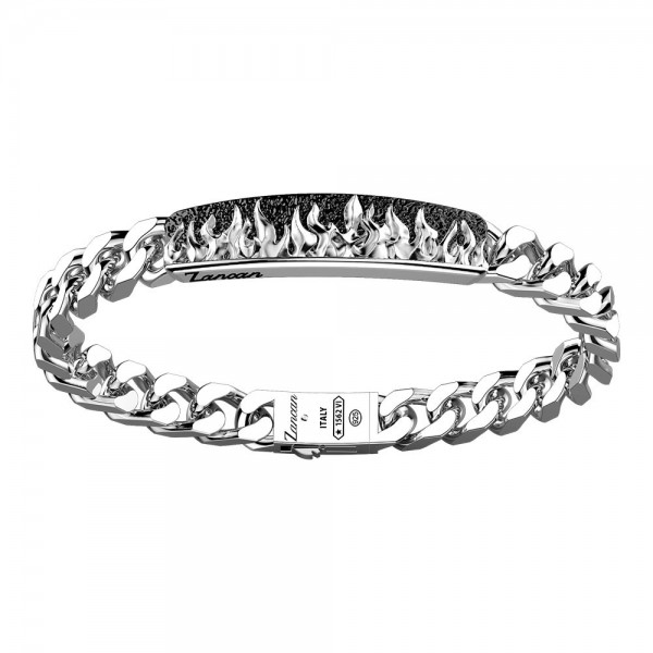 Silver bracelet groumette with plate in the middle, flames pattern.