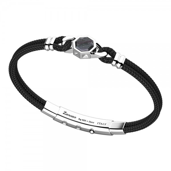 Bracelet in silver and black kevlar with hexagonal stone in black mother of pearl.
