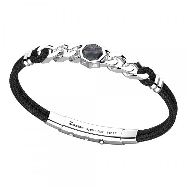 Bracelet in silver and black kevlar with hexagonal stone in black mother of pearl.