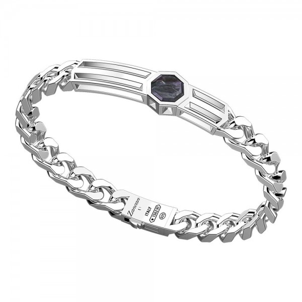 Bracelet in silver groumette with hexagonal stone in black mother of pearl.