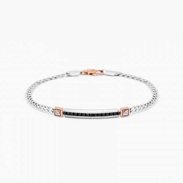White gold men's bracelet, embellished with a plate with diamonds.