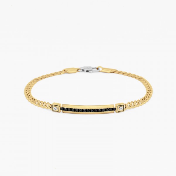 Yellow gold men's bracelet, embellished with a plate with diamonds.