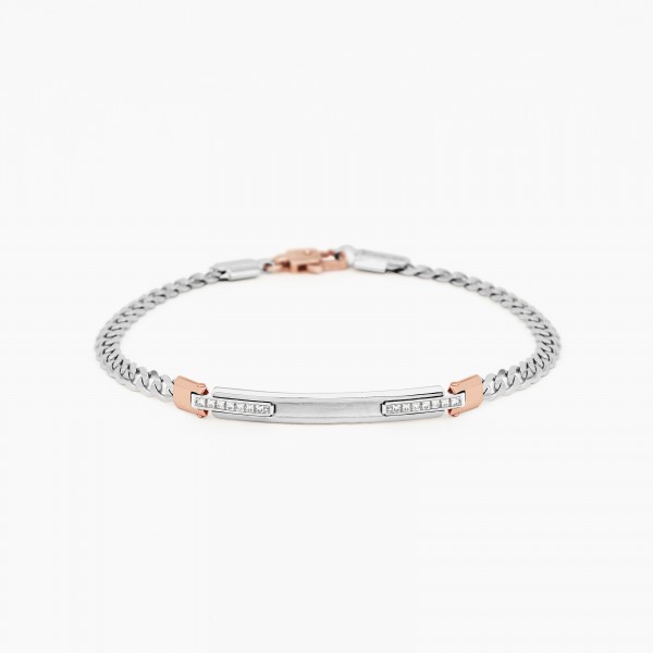 White gold men's bracelet, embellished with a central plate, diamonds on the side.