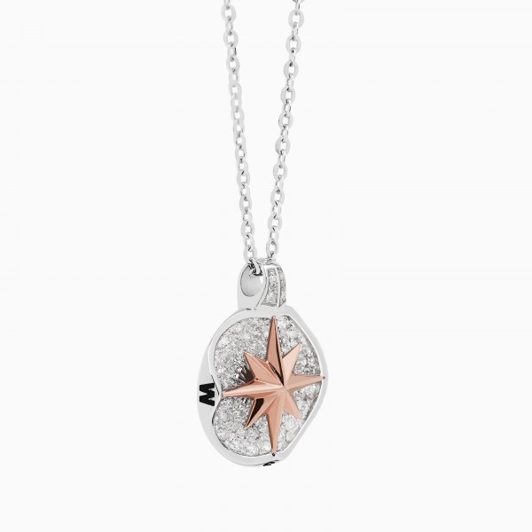 White gold men's necklace, wind rose pendant studded with diamonds.