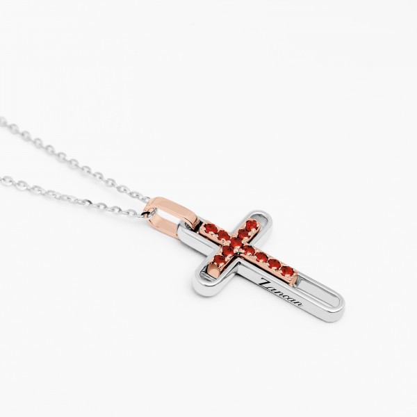 Gold men's necklace with cross pendant studded ruby.