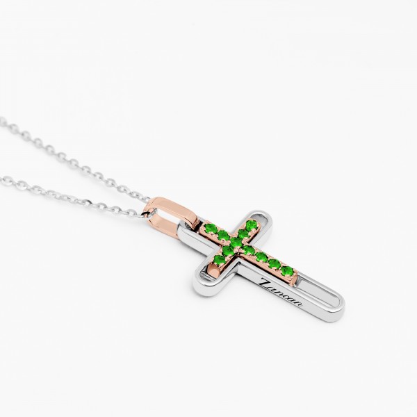 Gold men's necklace with cross pendant studded emerald.