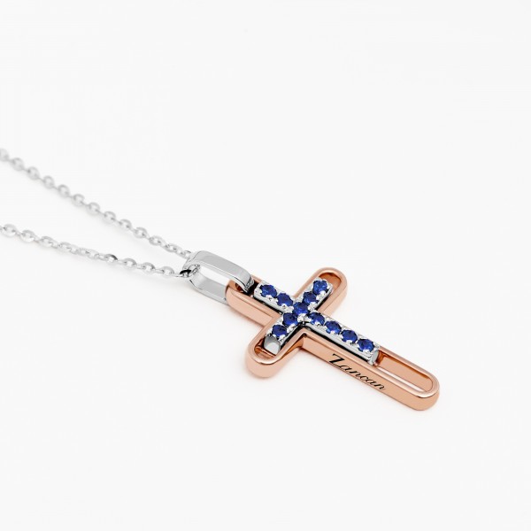 Gold men's necklace with cross pendant studded sapphire.