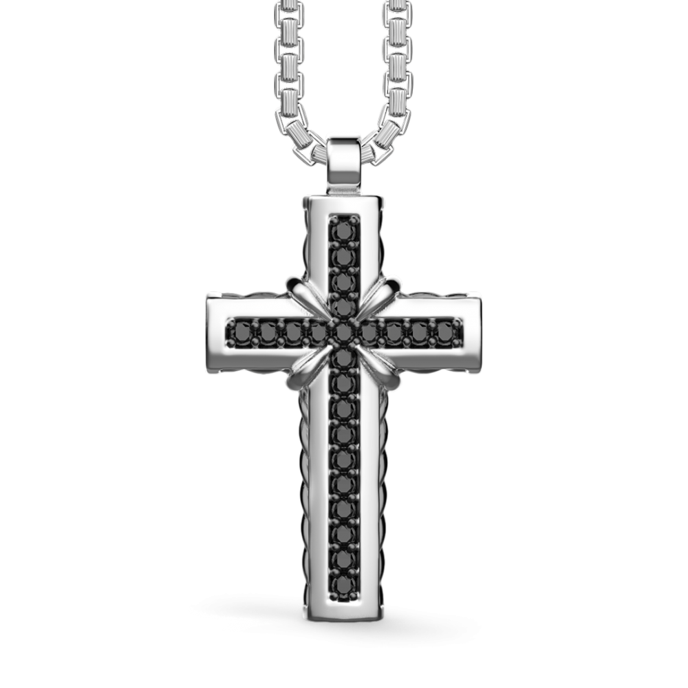 Collana Zancan in argento con pendente a croce e pietre nere.