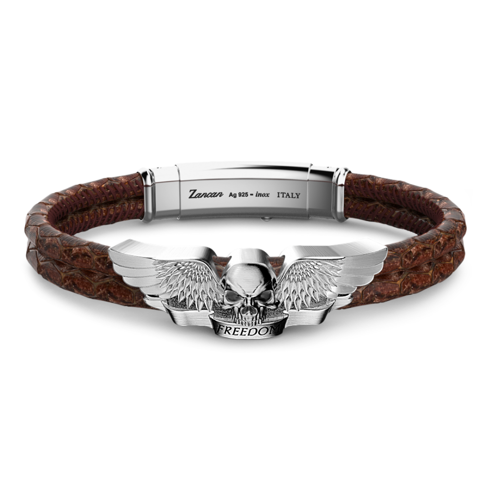 Zancan leather and silver winged skull bracelet.