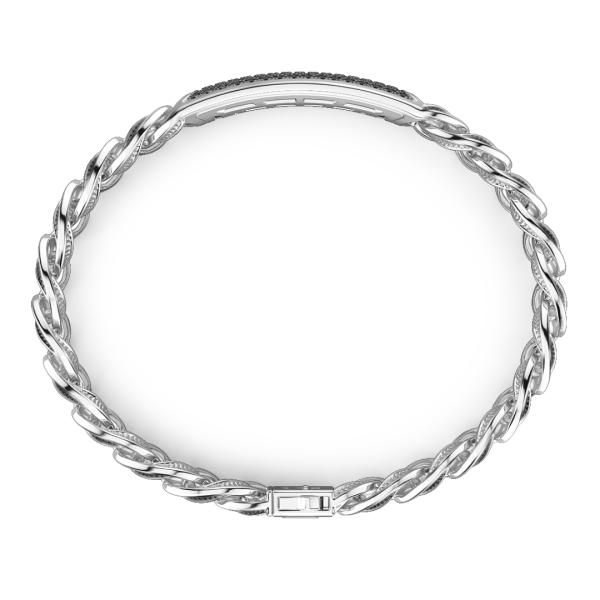 Bracciale grumetta larga Zancan in argento con finitura striatae targa con pietre nere.