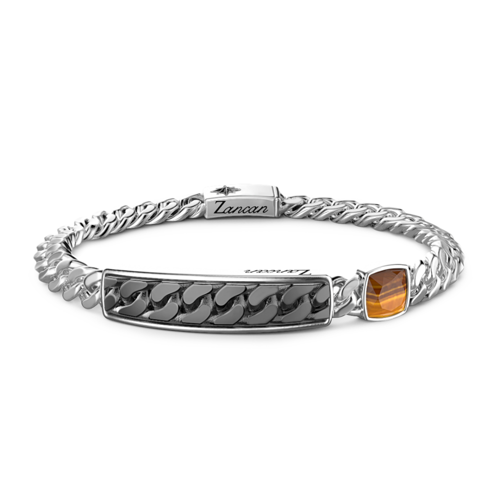 Zancan curb chain bracelet with tag and tiger's eye.