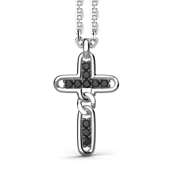 Collana Zancan in argento con pendente a croce e pietre nere.