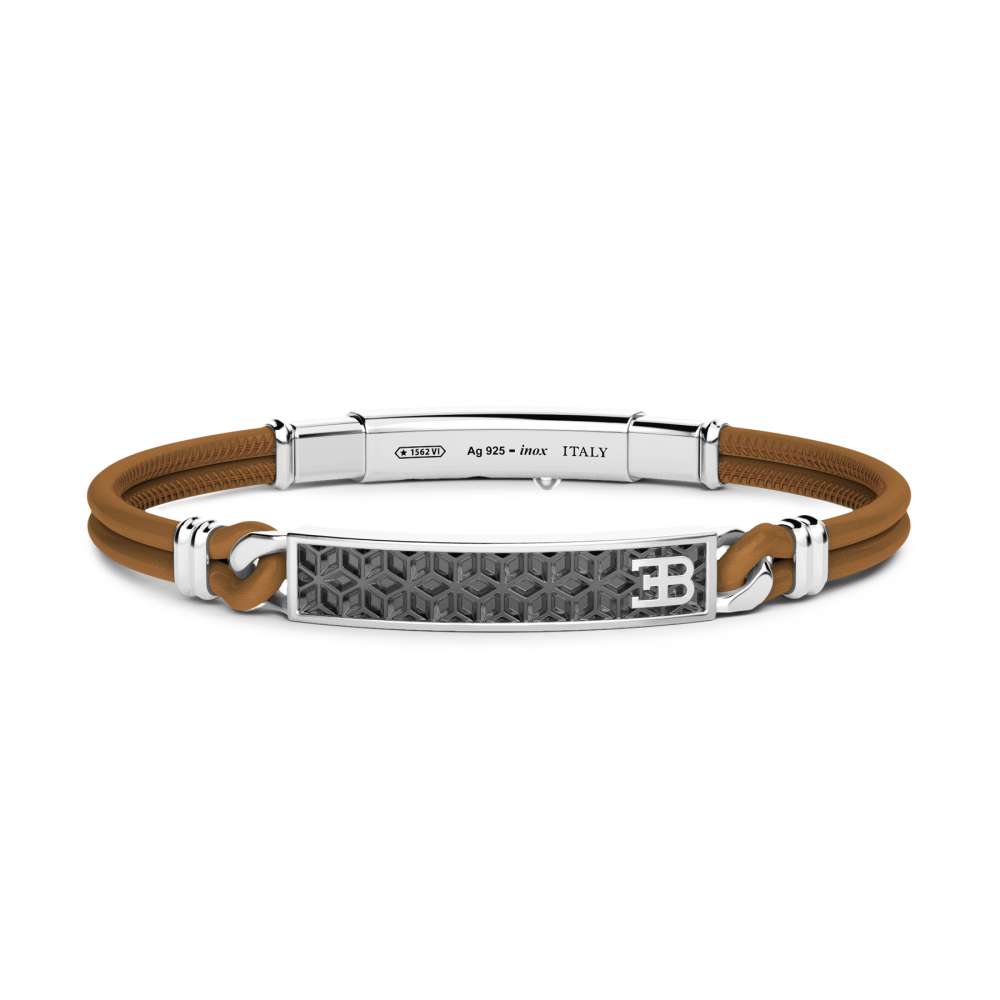 Bugatti natural leather bracelet, with sterling silver central plaque.