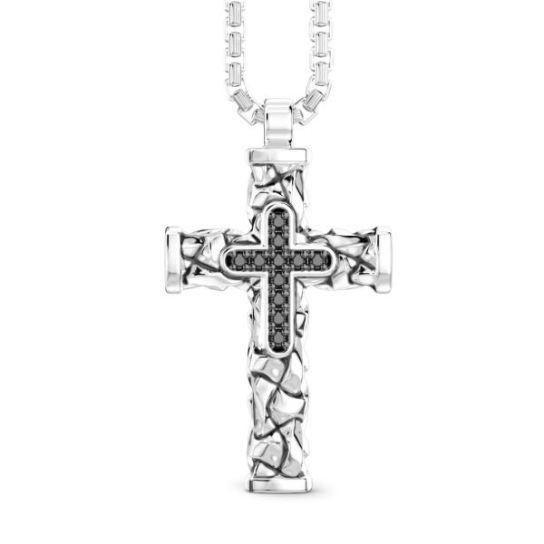 Collar Zancan de plata con colgante de cruz y piedras negras.
